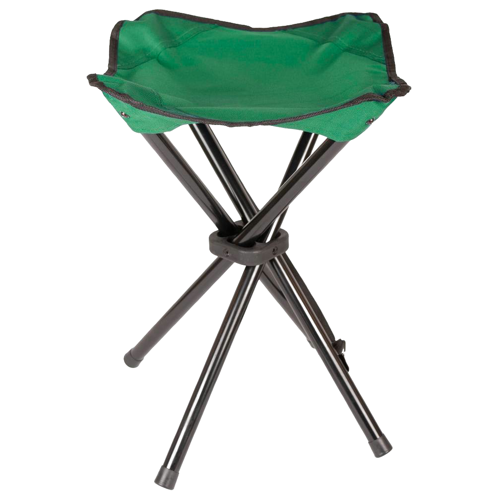 Compact three-legged green camping stool with sturdy metal frame and fabric seat, ideal for outdoor use in farming, gardening, and camping, featured in best sellers and promo collections.
