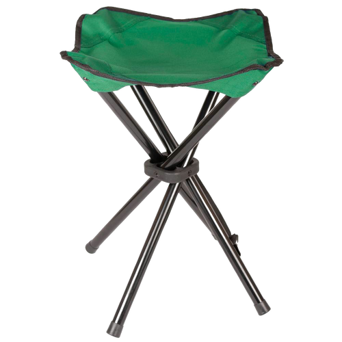 Compact three-legged green camping stool with sturdy metal frame and fabric seat, ideal for outdoor use in farming, gardening, and camping, featured in best sellers and promo collections.