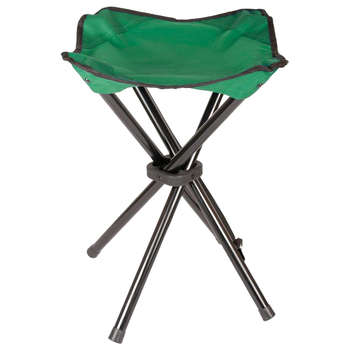 Compact three-legged green camping stool with sturdy metal frame and fabric seat, ideal for outdoor use in farming, gardening, and camping, featured in best sellers and promo collections.