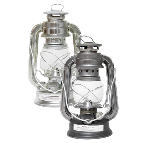 Two galvanized metal lanterns with clear glass globes and protective wire frames, designed for durable, wind-resistant lighting in camping, garden, and emergency use.