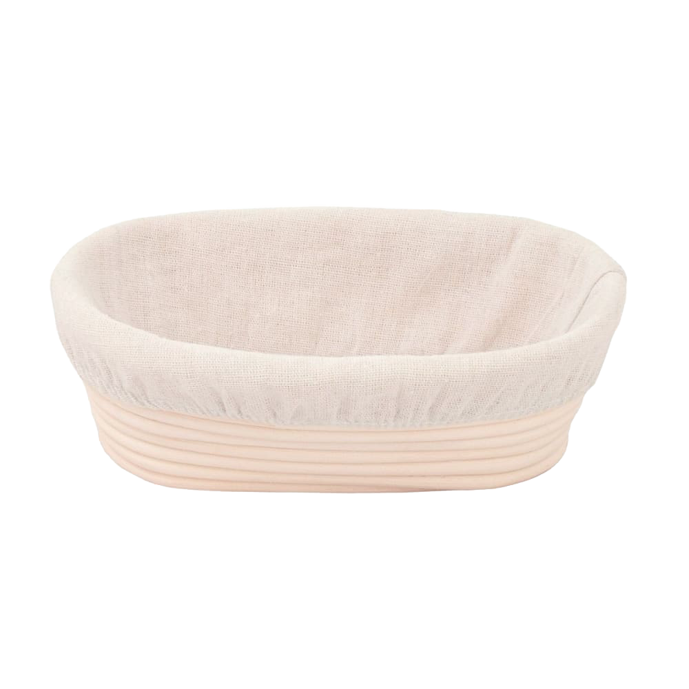 Handmade oval rattan bread proofing basket with a removable natural cloth liner, designed for even dough rising in Kitchen & Food, Baking Supplies, and Bread Making collections.