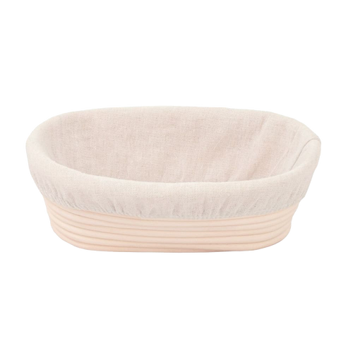 Handmade oval rattan bread proofing basket with a removable natural cloth liner, designed for even dough rising in Kitchen & Food, Baking Supplies, and Bread Making collections.