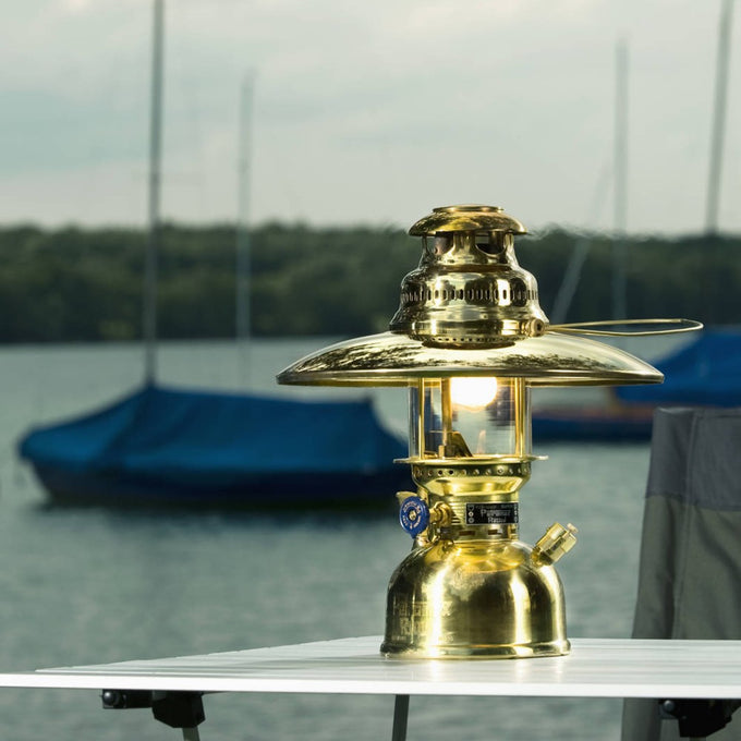 Brass top reflector attached to a classic pressure lamp, crafted to direct light downward, ideal for Lamps & Lighting, Parts and Accessories, Other Parts, Best Sellers, and Promo Eligible collections.