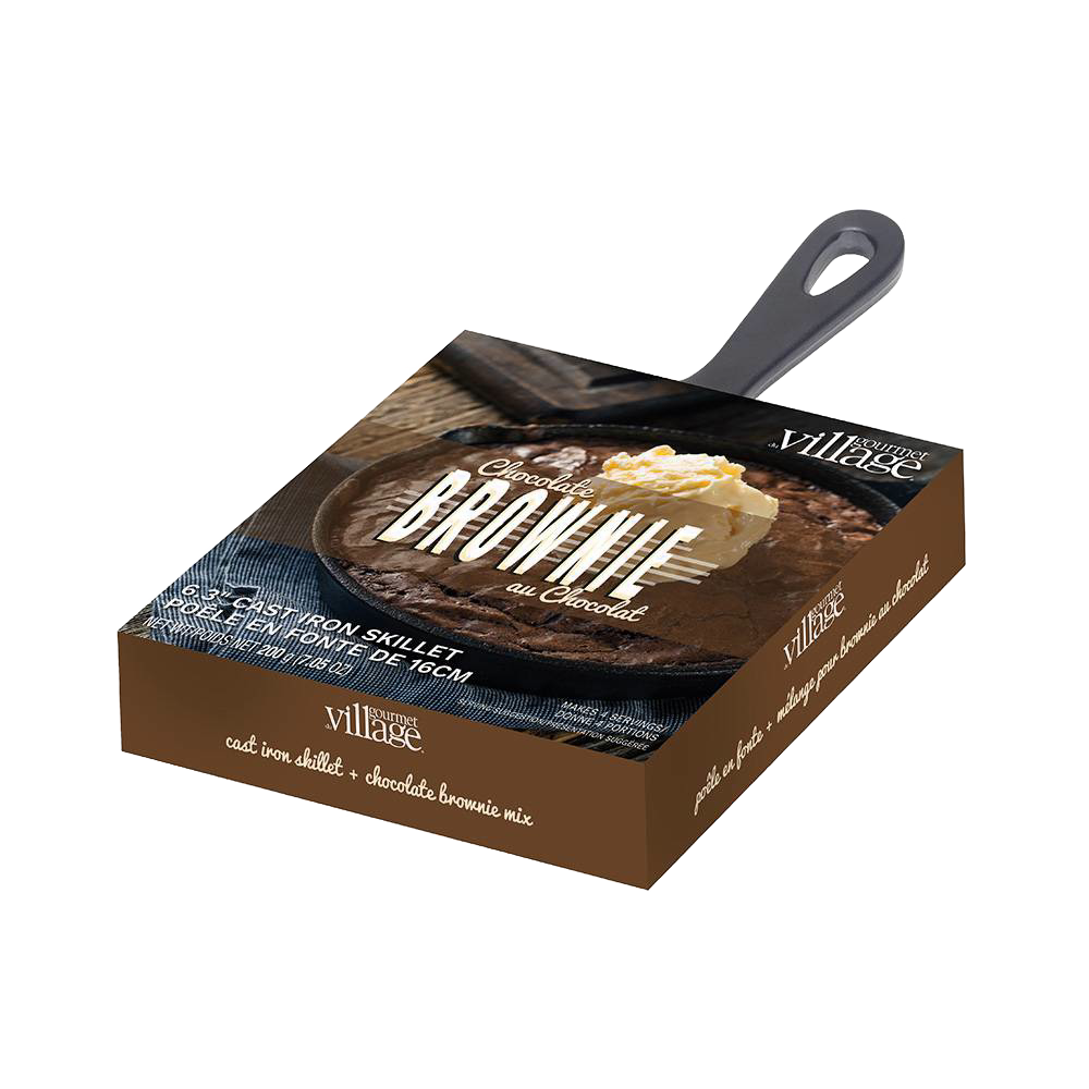 Brownie dessert mix package featuring a 6-inch cast iron skillet with rich chocolate brownie and a scoop of melting vanilla ice cream, handcrafted for Kitchen & Food, Dry Goods and Mixes, Best Sellers, Promo Eligible collections.