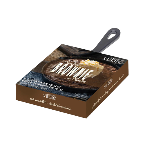 Brownie dessert mix package featuring a 6-inch cast iron skillet with rich chocolate brownie and a scoop of melting vanilla ice cream, handcrafted for Kitchen & Food, Dry Goods and Mixes, Best Sellers, Promo Eligible collections.