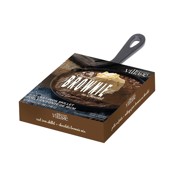 Brownie dessert mix package featuring a 6-inch cast iron skillet with rich chocolate brownie and a scoop of melting vanilla ice cream, handcrafted for Kitchen & Food, Dry Goods and Mixes, Best Sellers, Promo Eligible collections.