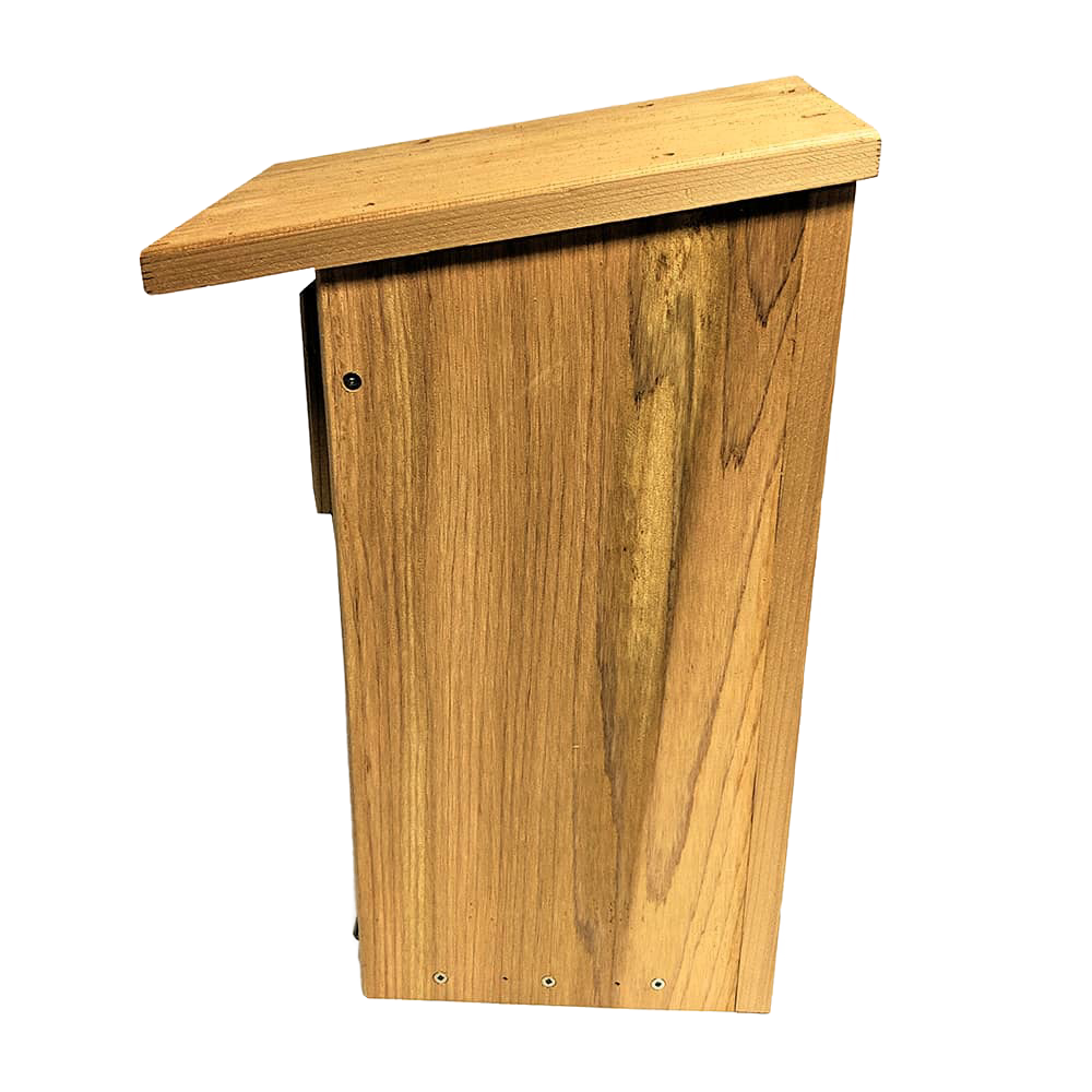 Handcrafted screech owl and kestrel nest box made in the USA from durable kiln-dried cedar with a front opening for easy cleanout, ideal for farm and garden use.