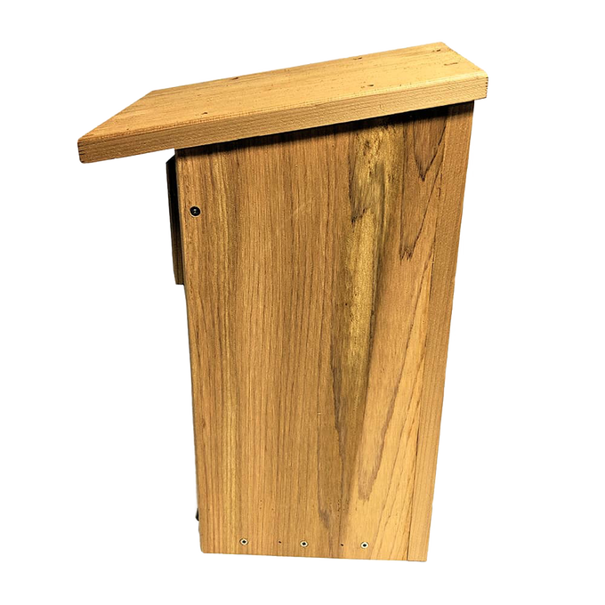 Handcrafted screech owl and kestrel nest box made in the USA from durable kiln-dried cedar with a front opening for easy cleanout, ideal for farm and garden use.
