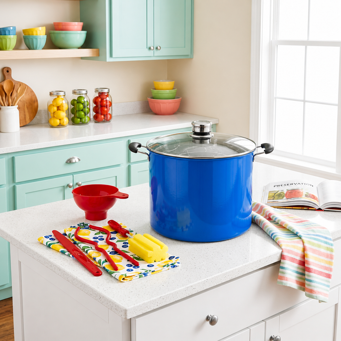 Blue handcrafted water bath canner with glass lid and five red-handled canning tools including funnel, jar lifter, and sponge arranged on kitchen island, ideal for food preservation and best sellers collections.