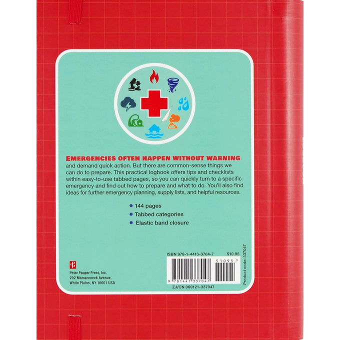 Back cover of a red emergency preparedness logbook featuring a summary of key features such as 144 pages, tabbed sections, and an elastic band, ideal for emergency supplies and home and garden how-to books collections.