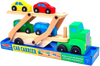 Wooden car carrier truck toy set with a folding ramp and four brightly painted wooden cars in yellow, red, green, and blue, ideal for children's indoor play and wooden toys collections.
