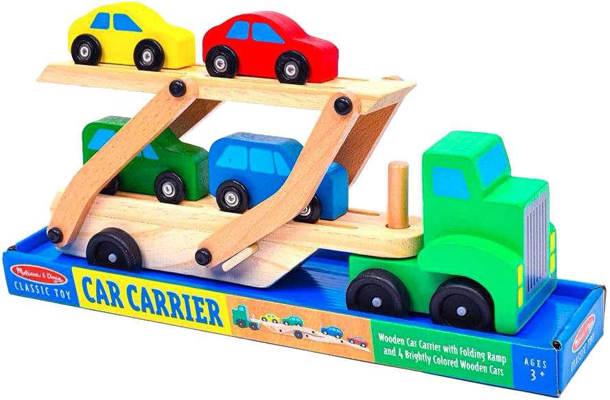 Wooden car carrier truck toy set with a folding ramp and four brightly painted wooden cars in yellow, red, green, and blue, ideal for children's indoor play and wooden toys collections.