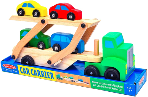 Wooden car carrier truck toy set with a folding ramp and four brightly painted wooden cars in yellow, red, green, and blue, ideal for children's indoor play and wooden toys collections.
