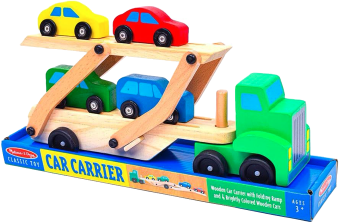 Wooden car carrier truck toy set with a folding ramp and four brightly painted wooden cars in yellow, red, green, and blue, ideal for children's indoor play and wooden toys collections.