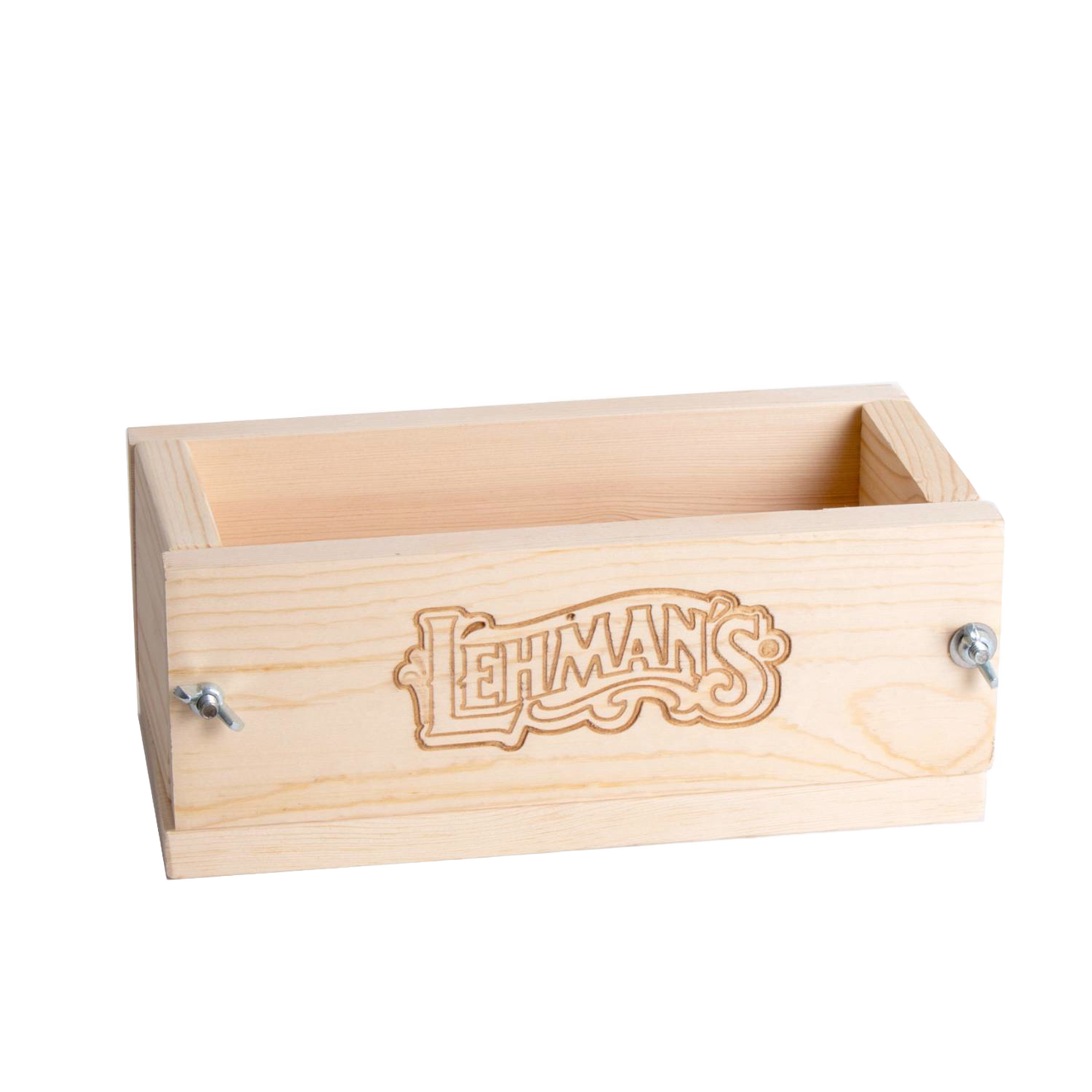 Handcrafted wooden soap mold made from durable pine with adjustable metal wingnuts and engraved Lehman’s logo, crafted in the USA and featured in Health & Wellness and Soapmaking collections.