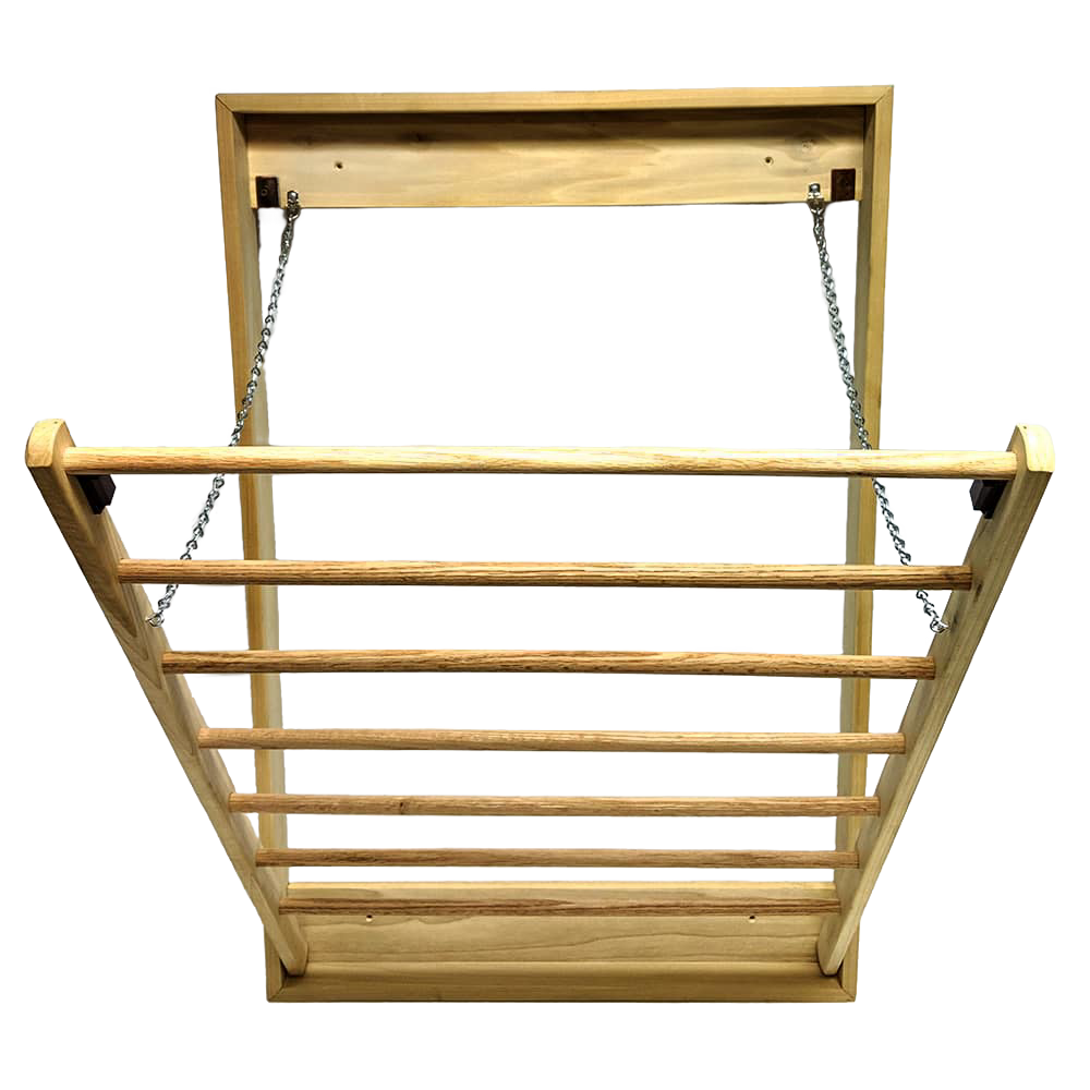Handcrafted wooden wall-mounted clothes drying rack with seven dowels, durable construction, metal chains for support, made in USA by Amish artisans, ideal for laundry and home decor.