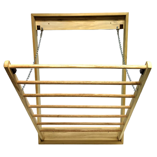 Handcrafted wooden wall-mounted clothes drying rack with seven dowels, durable construction, metal chains for support, made in USA by Amish artisans, ideal for laundry and home decor.