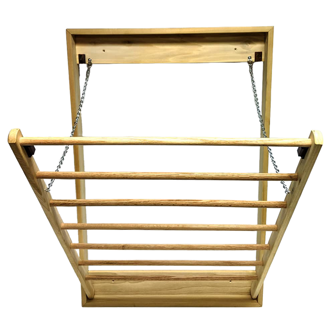 Handcrafted wooden wall-mounted clothes drying rack with seven dowels, durable construction, metal chains for support, made in USA by Amish artisans, ideal for laundry and home decor.