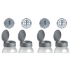 Set of four gray flip-top Mason jar spice shaker lids with regular mouth design, including two with small hole inserts and two with large hole inserts, made in USA, ideal for Kitchen & Food and Kitchen Gadgets collections.