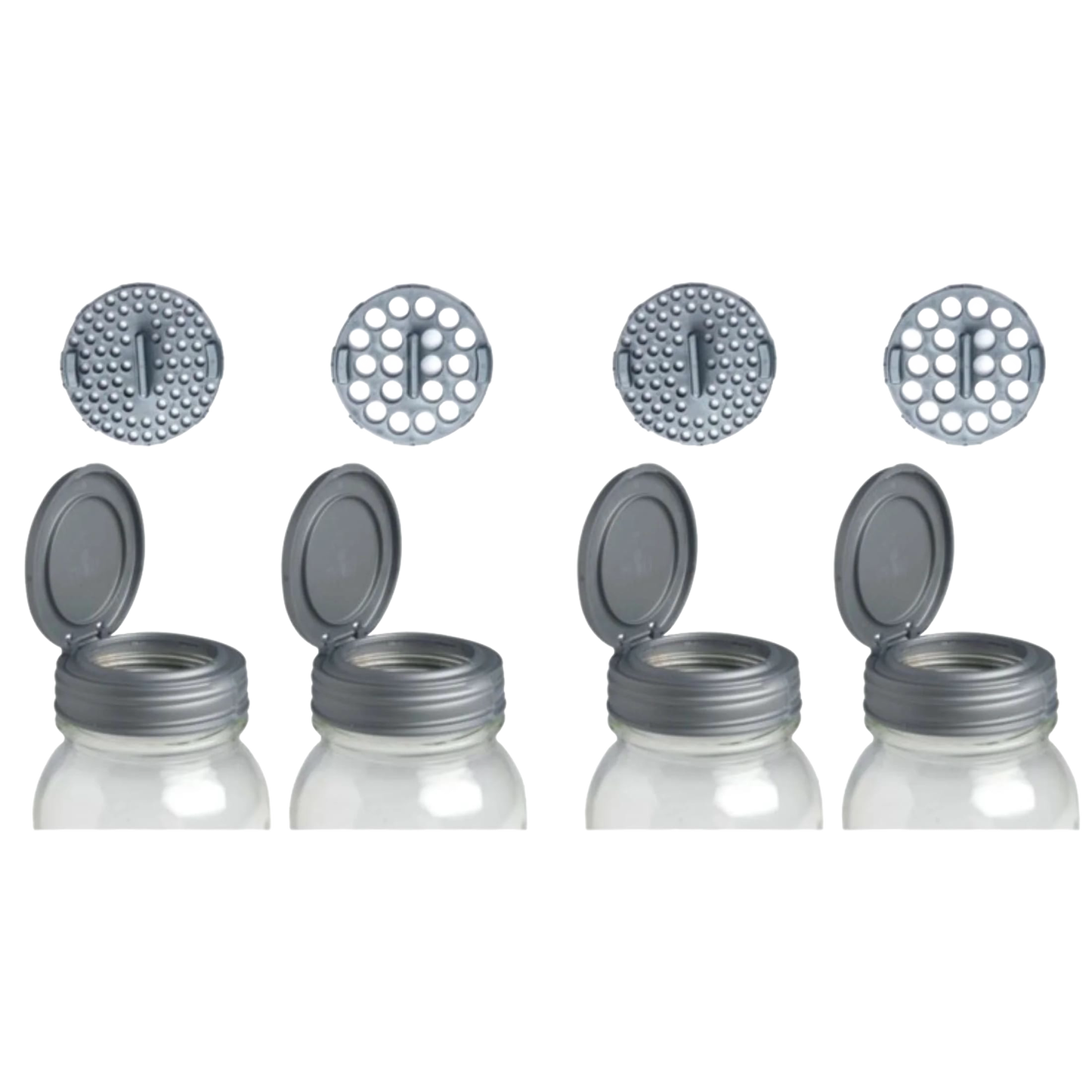 Set of four gray flip-top Mason jar spice shaker lids with regular mouth design, including two with small hole inserts and two with large hole inserts, made in USA, ideal for Kitchen & Food and Kitchen Gadgets collections.