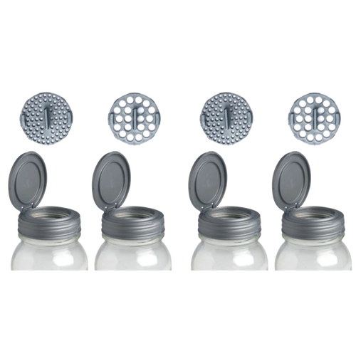 Set of four gray flip-top Mason jar spice shaker lids with regular mouth design, including two with small hole inserts and two with large hole inserts, made in USA, ideal for Kitchen & Food and Kitchen Gadgets collections.