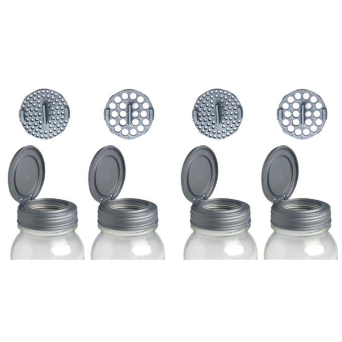 Set of four gray flip-top Mason jar spice shaker lids with regular mouth design, including two with small hole inserts and two with large hole inserts, made in USA, ideal for Kitchen & Food and Kitchen Gadgets collections.