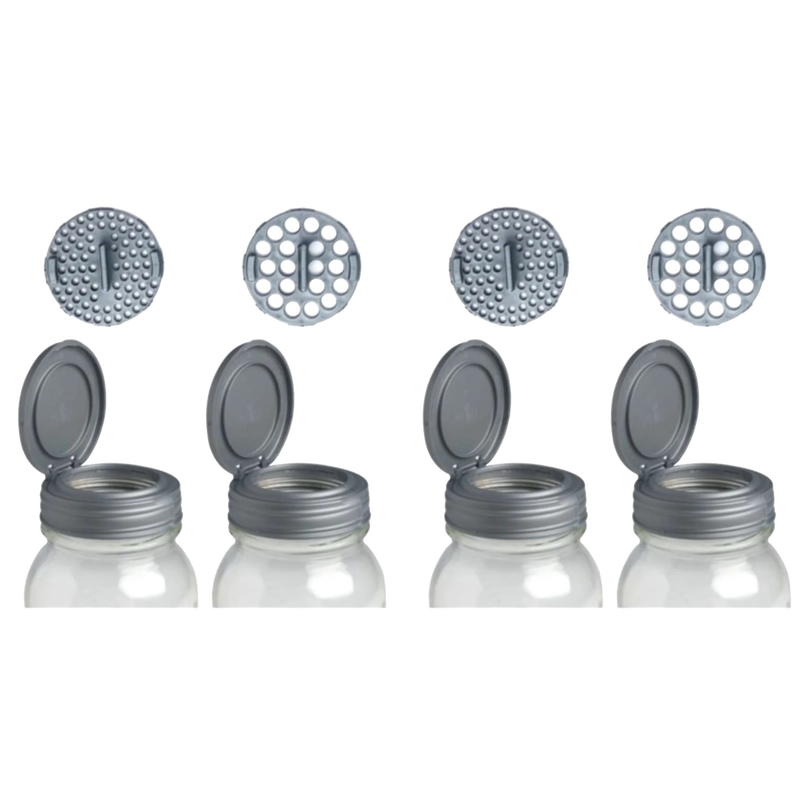 Set of four gray flip-top Mason jar spice shaker lids with regular mouth design, including two with small hole inserts and two with large hole inserts, made in USA, ideal for Kitchen & Food and Kitchen Gadgets collections.
