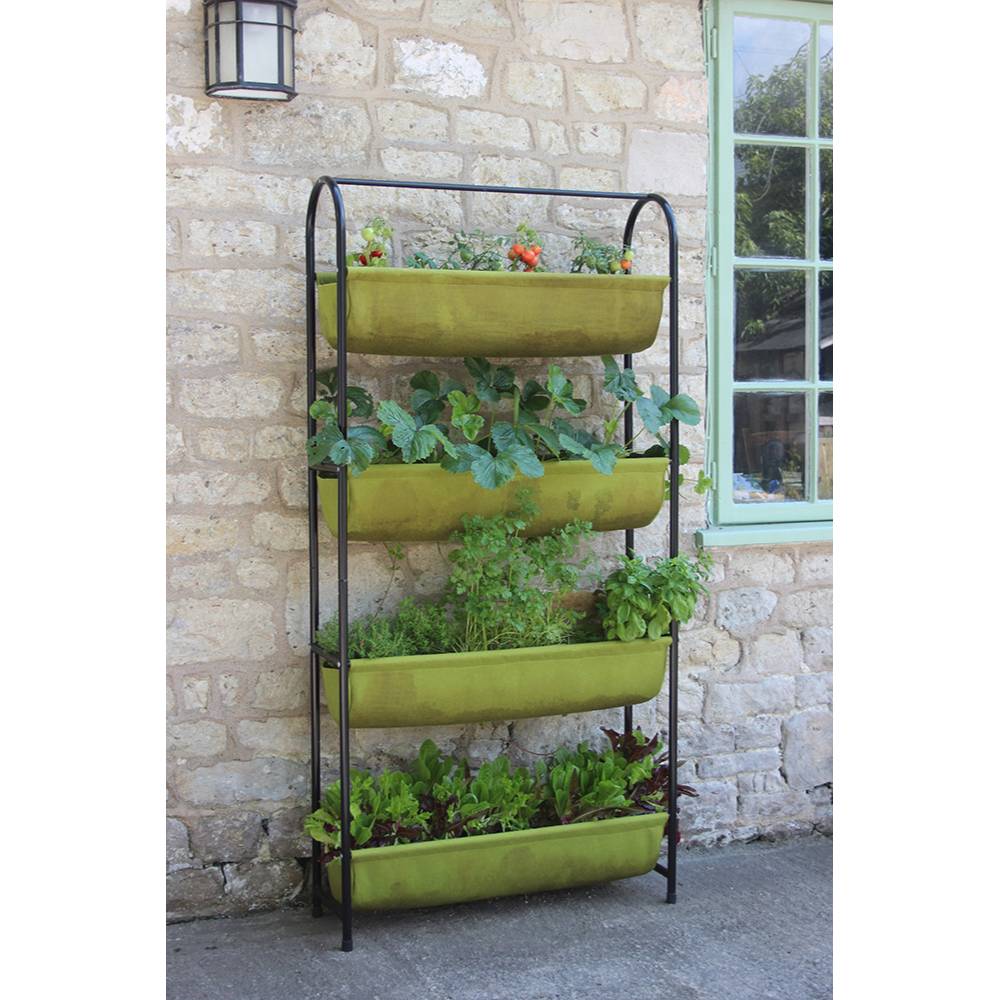 Multi-tiered fabric planter with deep green troughs on a black metal frame, filled with various growing vegetables and herbs, suited for Farm, Garden & Tool and Garden Accessories collections.