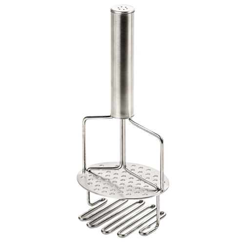Stainless steel dual potato masher and ricer with spring-loaded handle, designed for smooth mashed potatoes; featured in Kitchen & Food, Kitchen Gadgets, and Best Sellers collections.