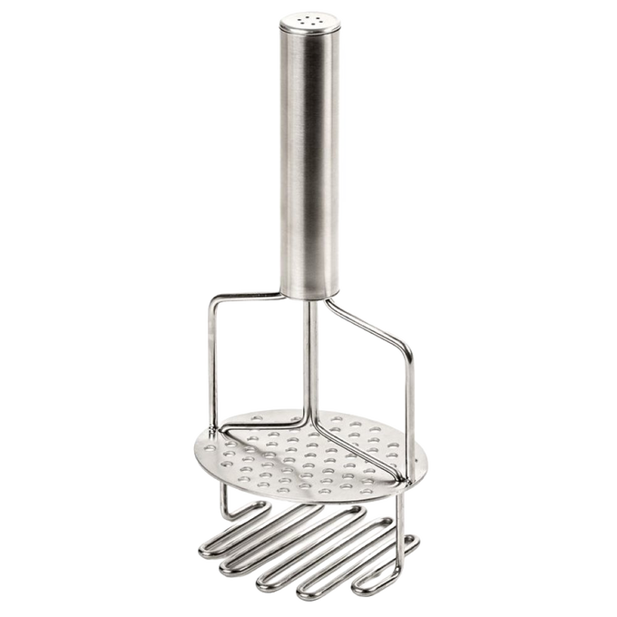 Stainless steel dual potato masher and ricer with spring-loaded handle, designed for smooth mashed potatoes; featured in Kitchen & Food, Kitchen Gadgets, and Best Sellers collections.