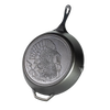 Durable cast iron skillet featuring a detailed turkey design on the bottom, handcrafted in the USA, ideal for kitchen, cookware, cast iron, and pots and pans collections.