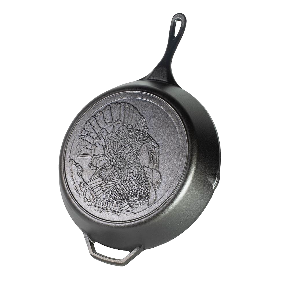 Durable cast iron skillet featuring a detailed turkey design on the bottom, handcrafted in the USA, ideal for kitchen, cookware, cast iron, and pots and pans collections.