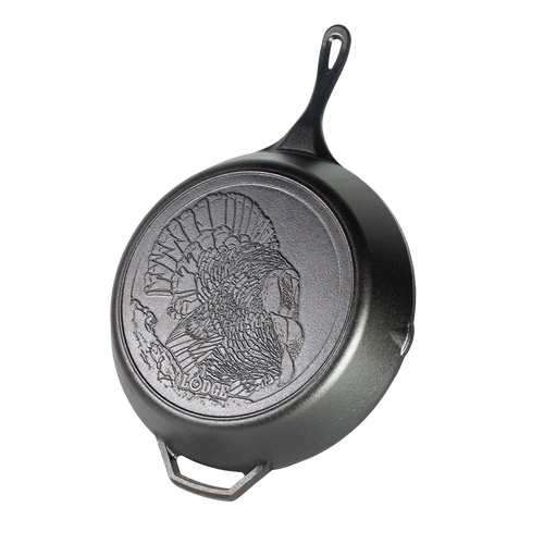 Durable cast iron skillet featuring a detailed turkey design on the bottom, handcrafted in the USA, ideal for kitchen, cookware, cast iron, and pots and pans collections.