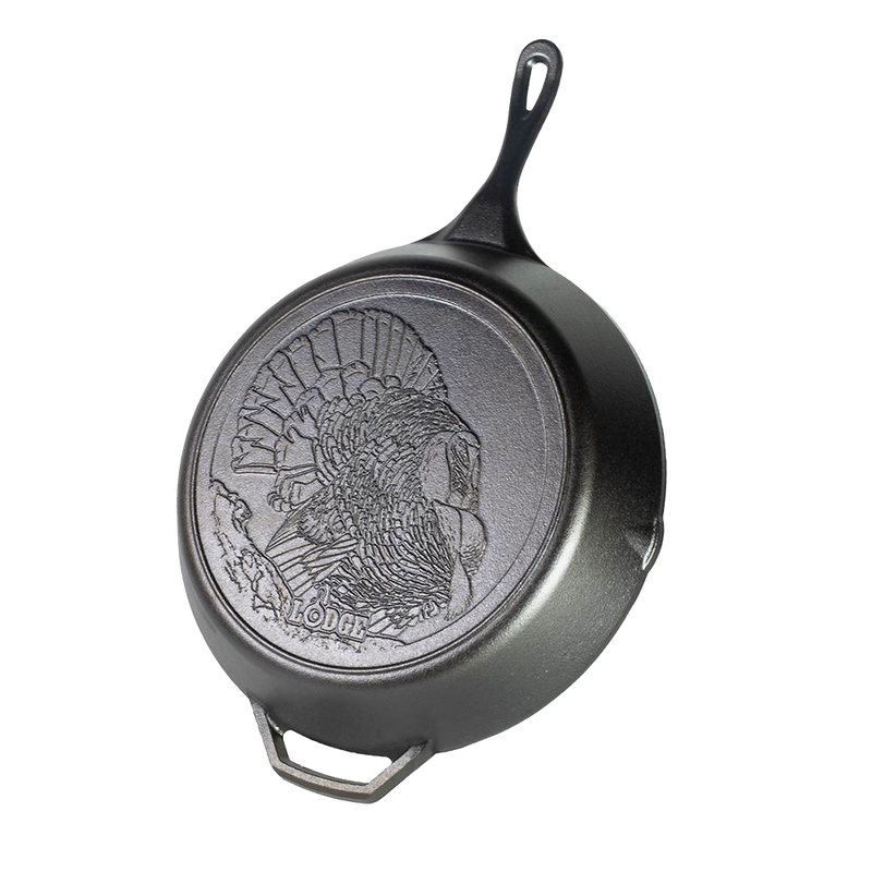 Durable cast iron skillet featuring a detailed turkey design on the bottom, handcrafted in the USA, ideal for kitchen, cookware, cast iron, and pots and pans collections.