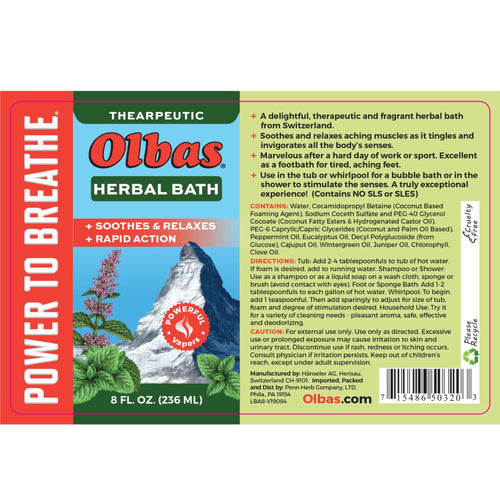 Label of Olbas Herbal Bath featuring therapeutic and fragrant bath liquid from Switzerland, highlighting muscle soothing properties, directions, ingredients, and safety information, set against a green background with natural mountain scenery illustration, emphasizing health and wellness benefits.