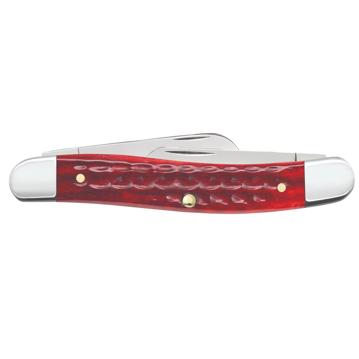 Handcrafted traditional pocket knife with a textured old red bone handle and stainless steel blades, made in USA, ideal for Farm, Garden & Tool and Pocket Knives collections.