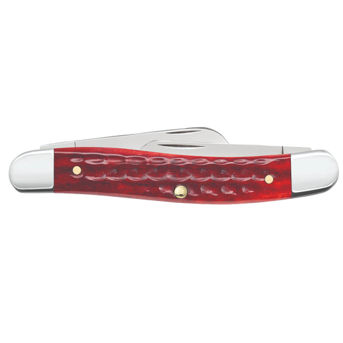 Handcrafted traditional pocket knife with a textured old red bone handle and stainless steel blades, made in USA, ideal for Farm, Garden & Tool and Pocket Knives collections.