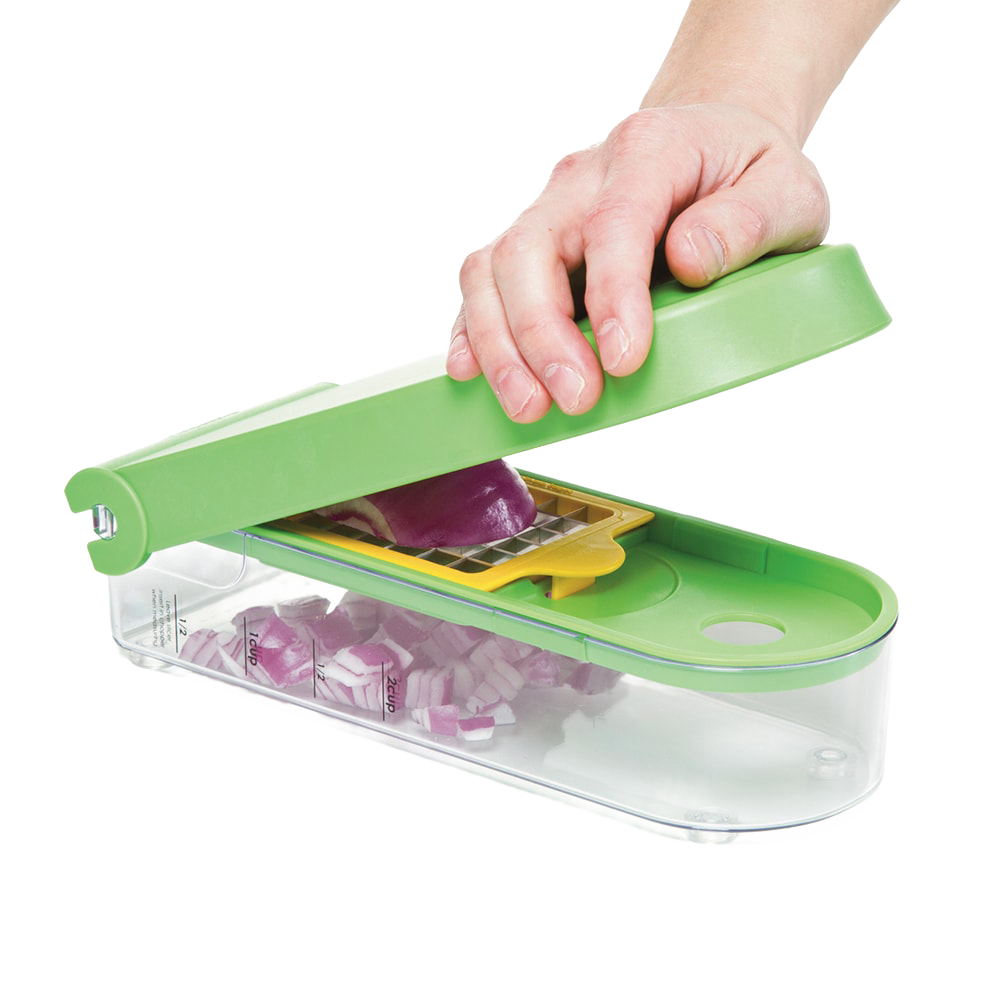 Handcrafted green and clear veggie chopper with diced red onions collected in a clear container, designed for easy food prep in Kitchen & Food, Food Prep, Choppers and Cutters, Kitchen Gadgets collections.