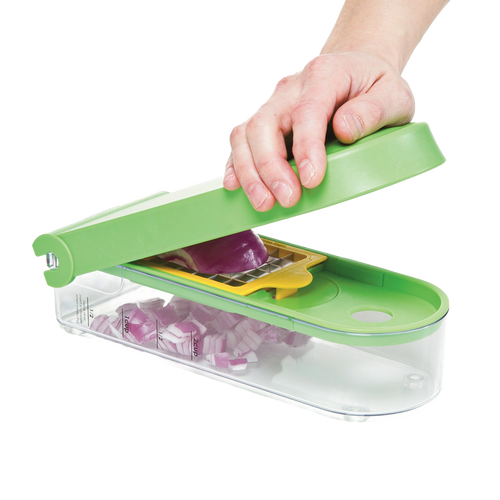 Handcrafted green and clear veggie chopper with diced red onions collected in a clear container, designed for easy food prep in Kitchen & Food, Food Prep, Choppers and Cutters, Kitchen Gadgets collections.