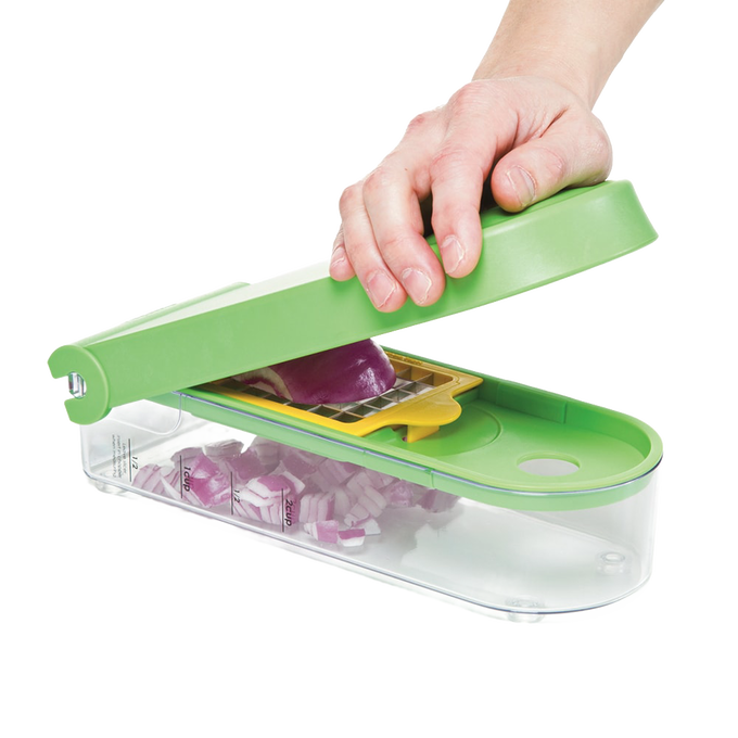 Handcrafted green and clear veggie chopper with diced red onions collected in a clear container, designed for easy food prep in Kitchen & Food, Food Prep, Choppers and Cutters, Kitchen Gadgets collections.