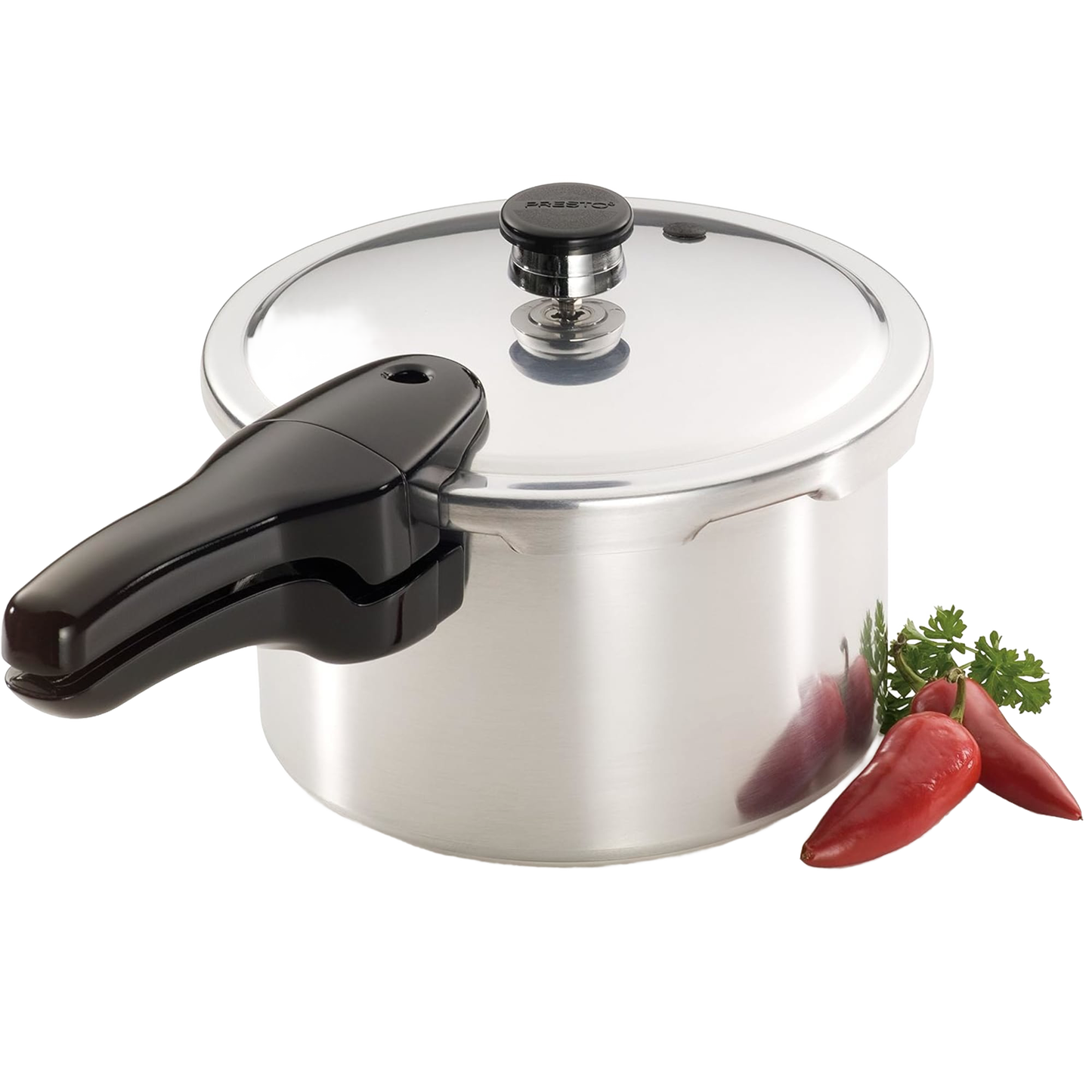 Handcrafted aluminum pressure cooker with polished finish and black handle, styled with fresh red chili peppers and parsley, featured in Kitchen & Food, Cookware, Pots and Pans, Best Sellers, and Promo Eligible collections.