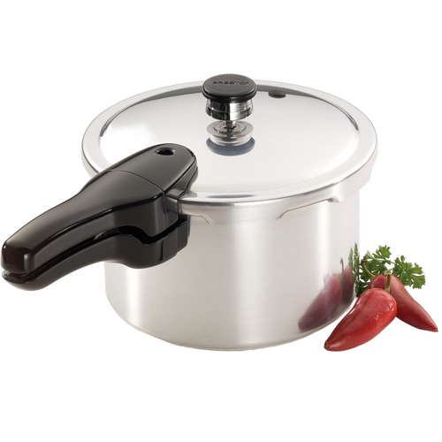 Handcrafted aluminum pressure cooker with polished finish and black handle, styled with fresh red chili peppers and parsley, featured in Kitchen & Food, Cookware, Pots and Pans, Best Sellers, and Promo Eligible collections.
