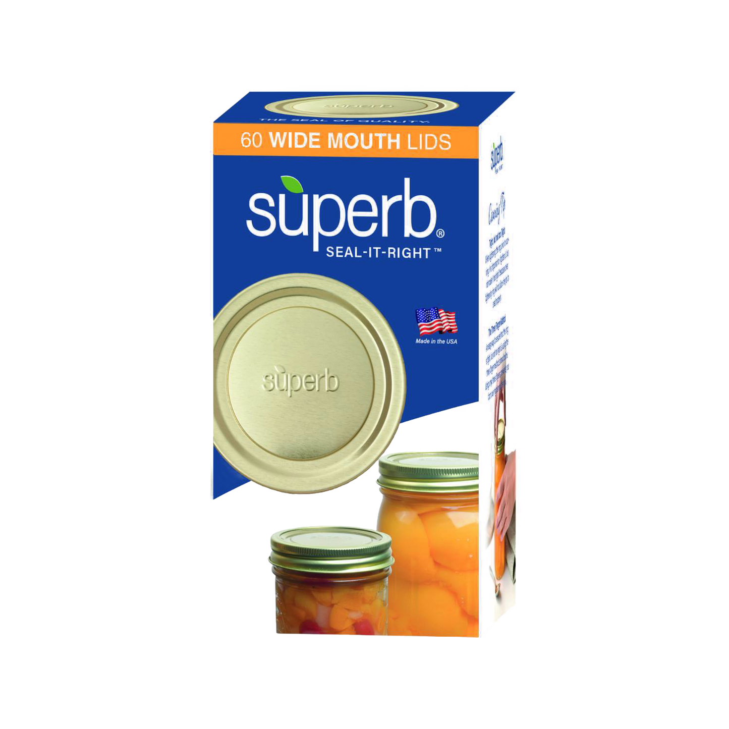 Package of 60 wide-mouth canning jar lids embossed with "superb," featuring BluSeal™ technology for enhanced sealing, made in USA, ideal for Kitchen & Food and Food Preservation collections.