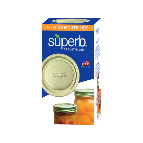 Package of 60 wide-mouth canning jar lids embossed with "superb," featuring BluSeal™ technology for enhanced sealing, made in USA, ideal for Kitchen & Food and Food Preservation collections.