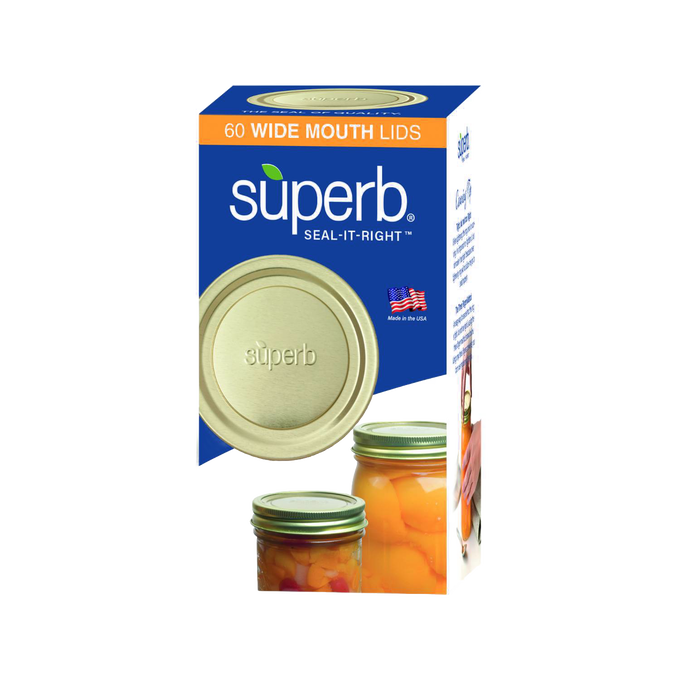 Package of 60 wide-mouth canning jar lids embossed with "superb," featuring BluSeal™ technology for enhanced sealing, made in USA, ideal for Kitchen & Food and Food Preservation collections.