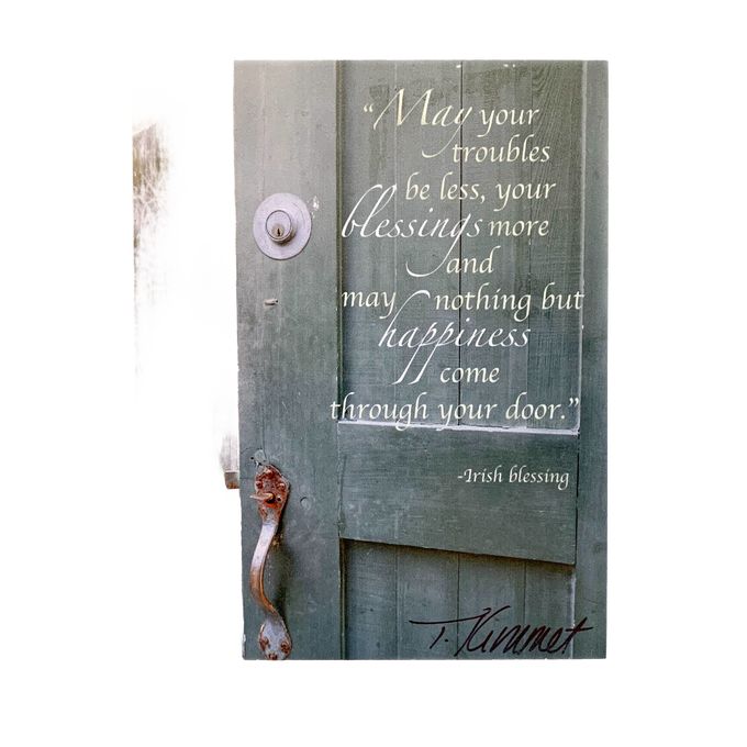 Handcrafted 5"x7" plaque featuring a rustic green door with an Irish blessing inspiring happiness and blessings, ideal uplifting wall or desk art for Home & Decor, Best Sellers, and Promo Eligible collections.