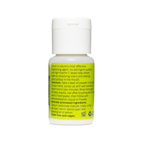 White plastic bottle with a bright yellow label describing natural lemon-based ingredients and usage instructions for handcrafted tooth whitener powder, featured in Health & Wellness, Grooming and Personal Hygiene, USA Made, and Best Sellers collections.