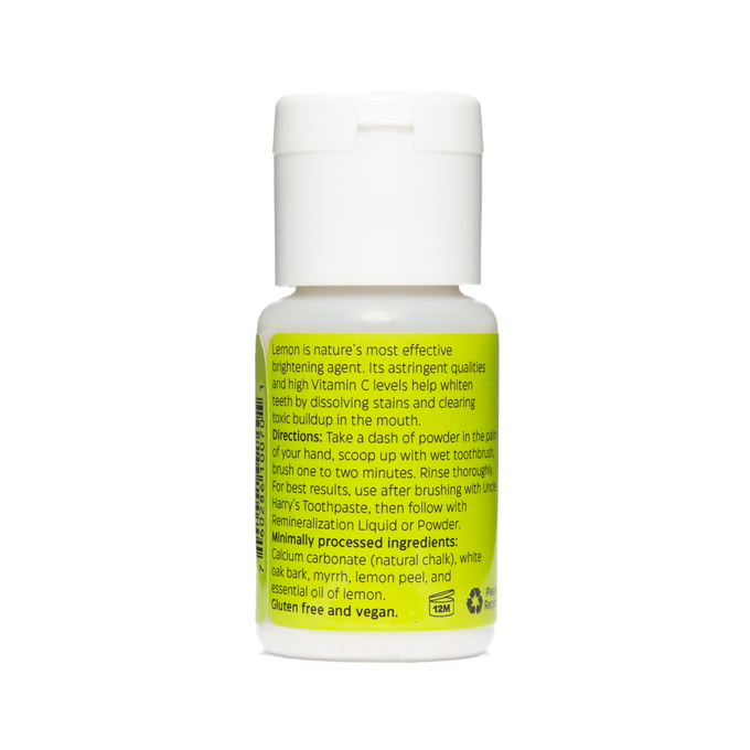 White plastic bottle with a bright yellow label describing natural lemon-based ingredients and usage instructions for handcrafted tooth whitener powder, featured in Health & Wellness, Grooming and Personal Hygiene, USA Made, and Best Sellers collections.