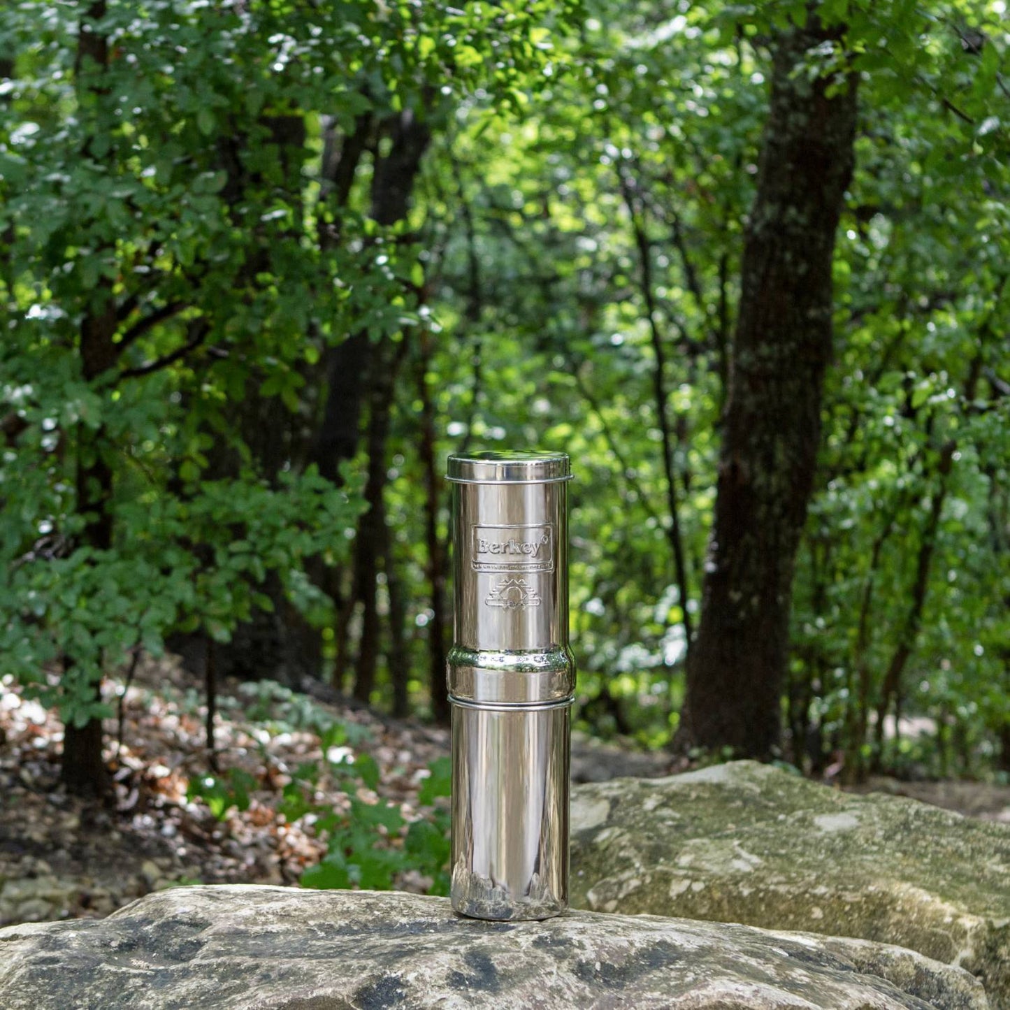 Polished stainless steel portable water filter with dual chambers, designed for outdoor camping, emergency supplies, and USA made quality in Farm, Garden & Tool collections.