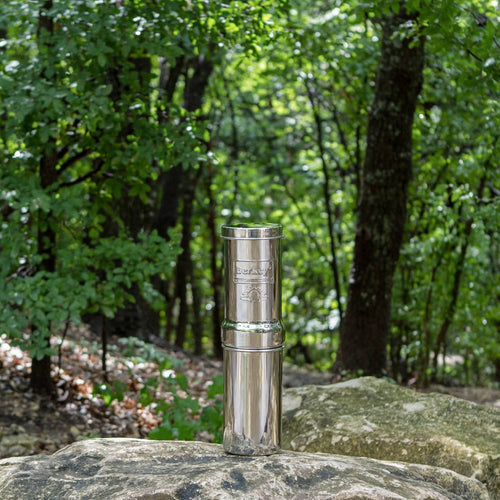 Polished stainless steel portable water filter with dual chambers, designed for outdoor camping, emergency supplies, and USA made quality in Farm, Garden & Tool collections.